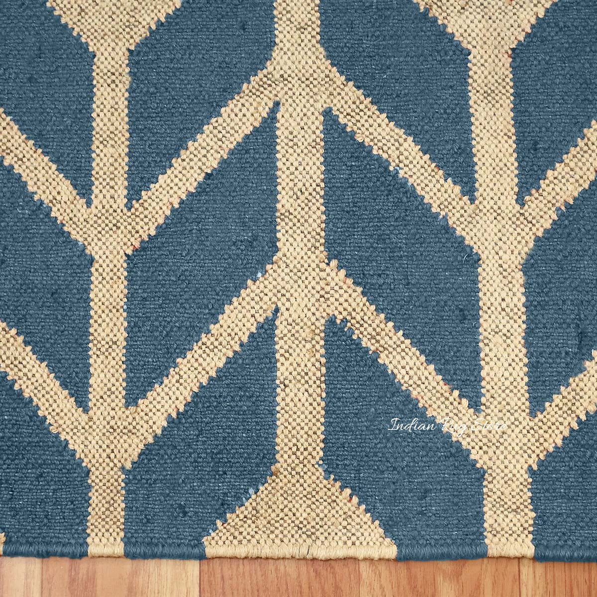 Beige Grayish Blue Hand Woven Geometric Out Door Decor Wool Jute Rug