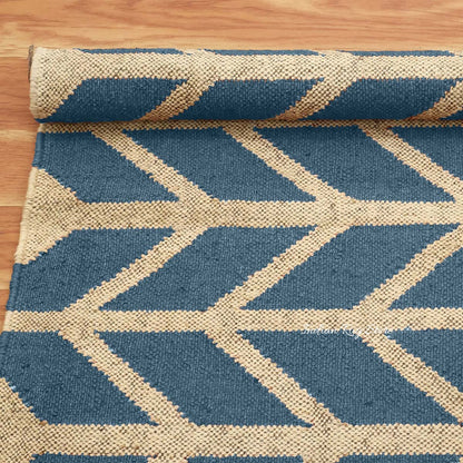 Beige Grayish Blue Hand Woven Geometric Out Door Decor Wool Jute Rug