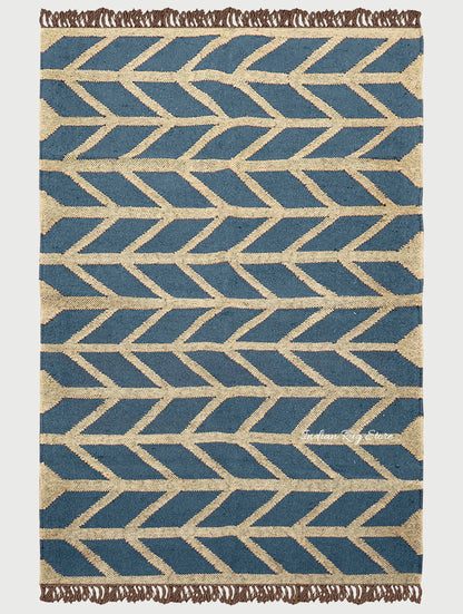 Beige Grayish Blue Hand Woven Geometric Out Door Decor Wool Jute Rug