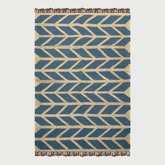 Beige Grayish Blue Hand Woven Geometric Out Door Decor Wool Jute Rug - Indian Rug Store