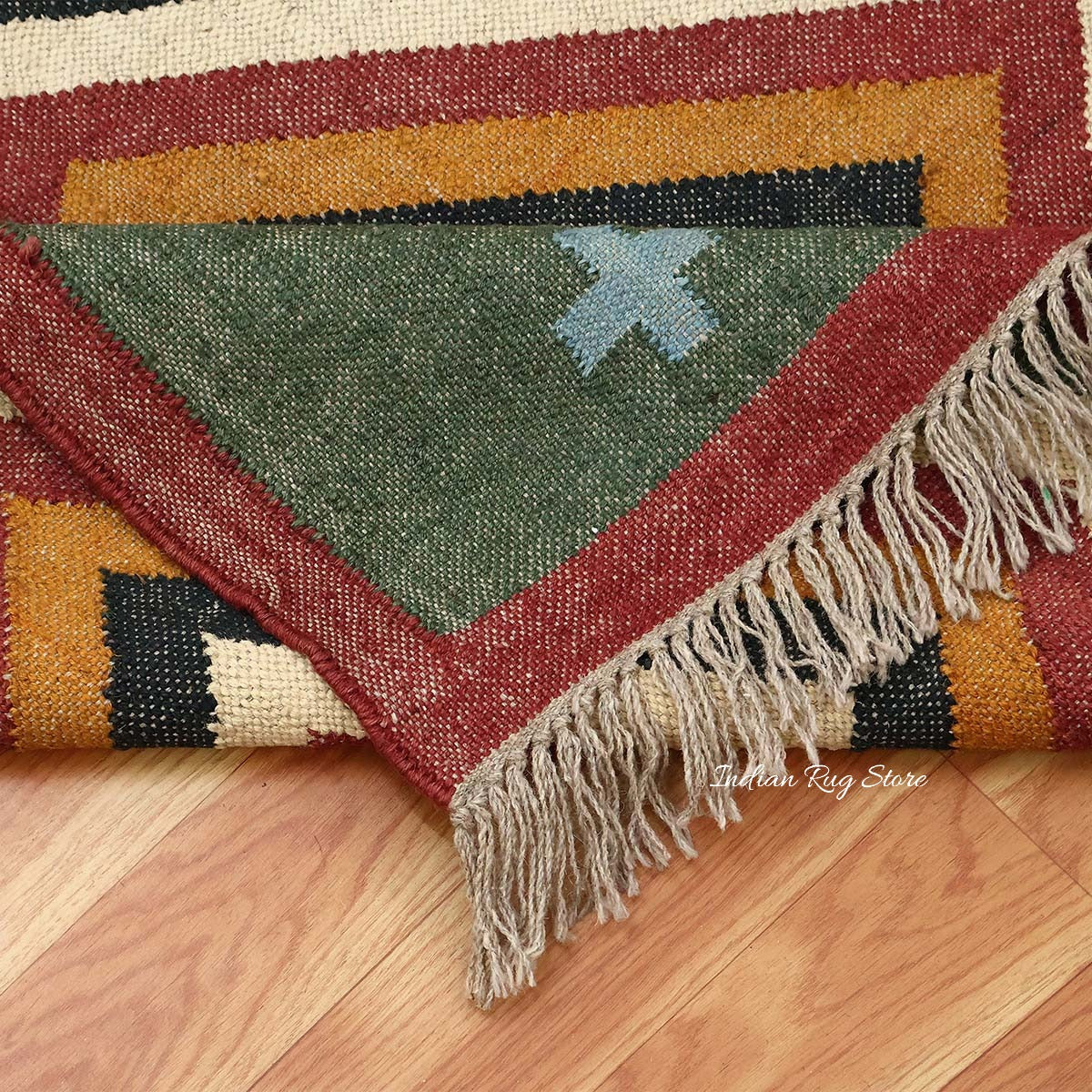 Hand Woven Green Black Geometric Home Decor Wool Jute Rug