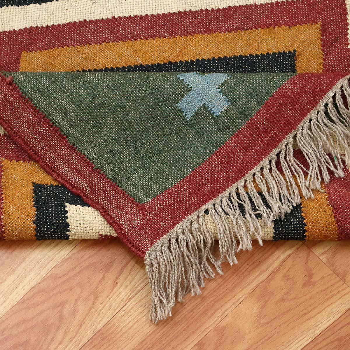 Hand Woven Green Black Geometric Home Decor Wool Jute Rug - Indian Rug Store