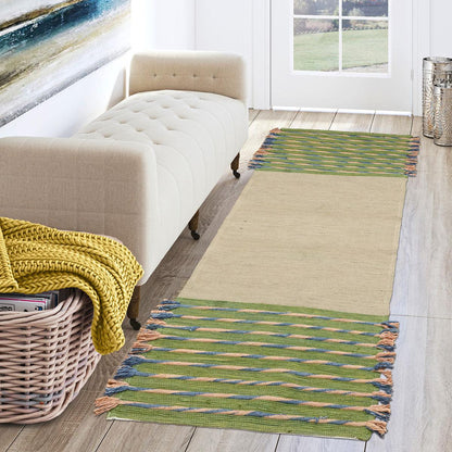 Hand Woven Beige Green Geometric Home Decor Cotton Rug - Indian Rug Store