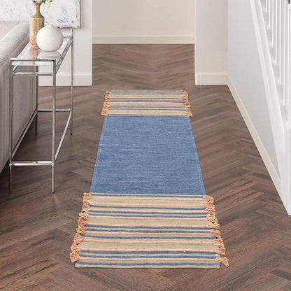 Geometric Hand Woven Blue Multicolor Farm House Cotton Rug - Indian Rug Store