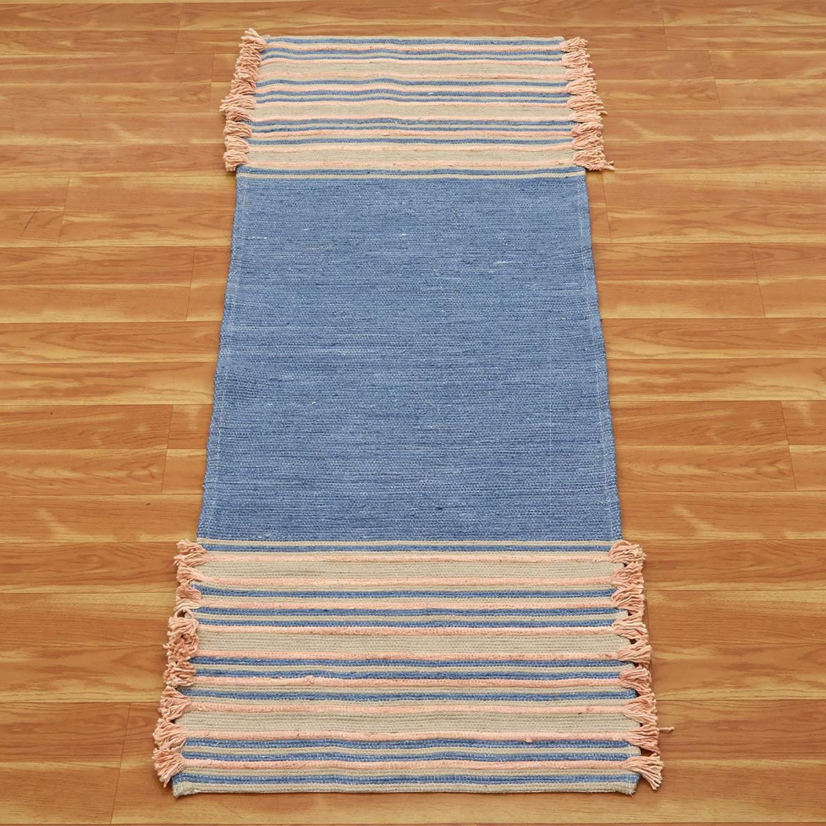 Geometric Hand Woven Blue Multicolor Farm House Cotton Rug - Indian Rug Store