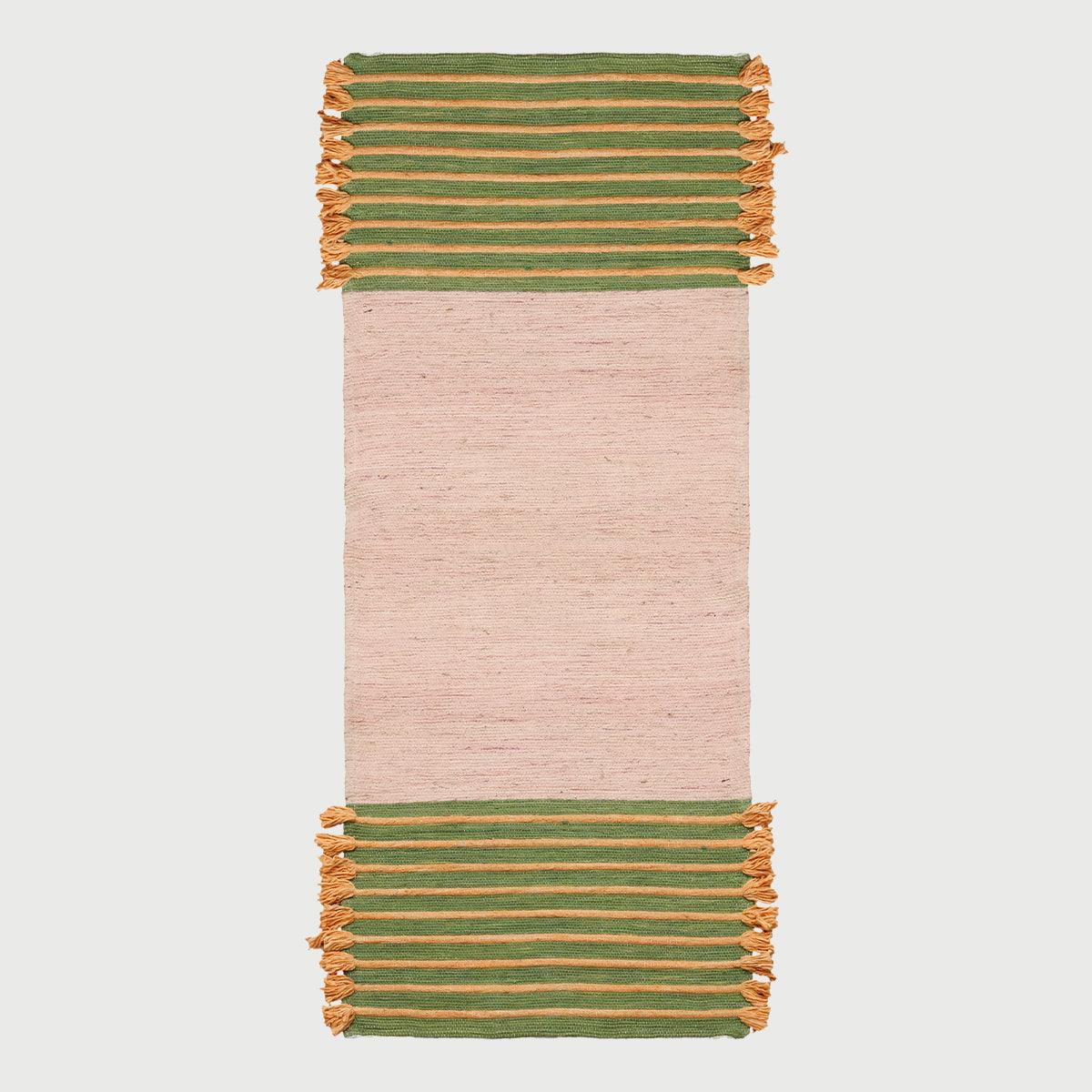 Green Peach Pink Hand Woven Bed Room Geometric Cotton Rug - Indian Rug Store