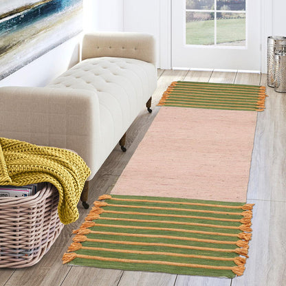 Green Peach Pink Hand Woven Bed Room Geometric Cotton Rug - Indian Rug Store