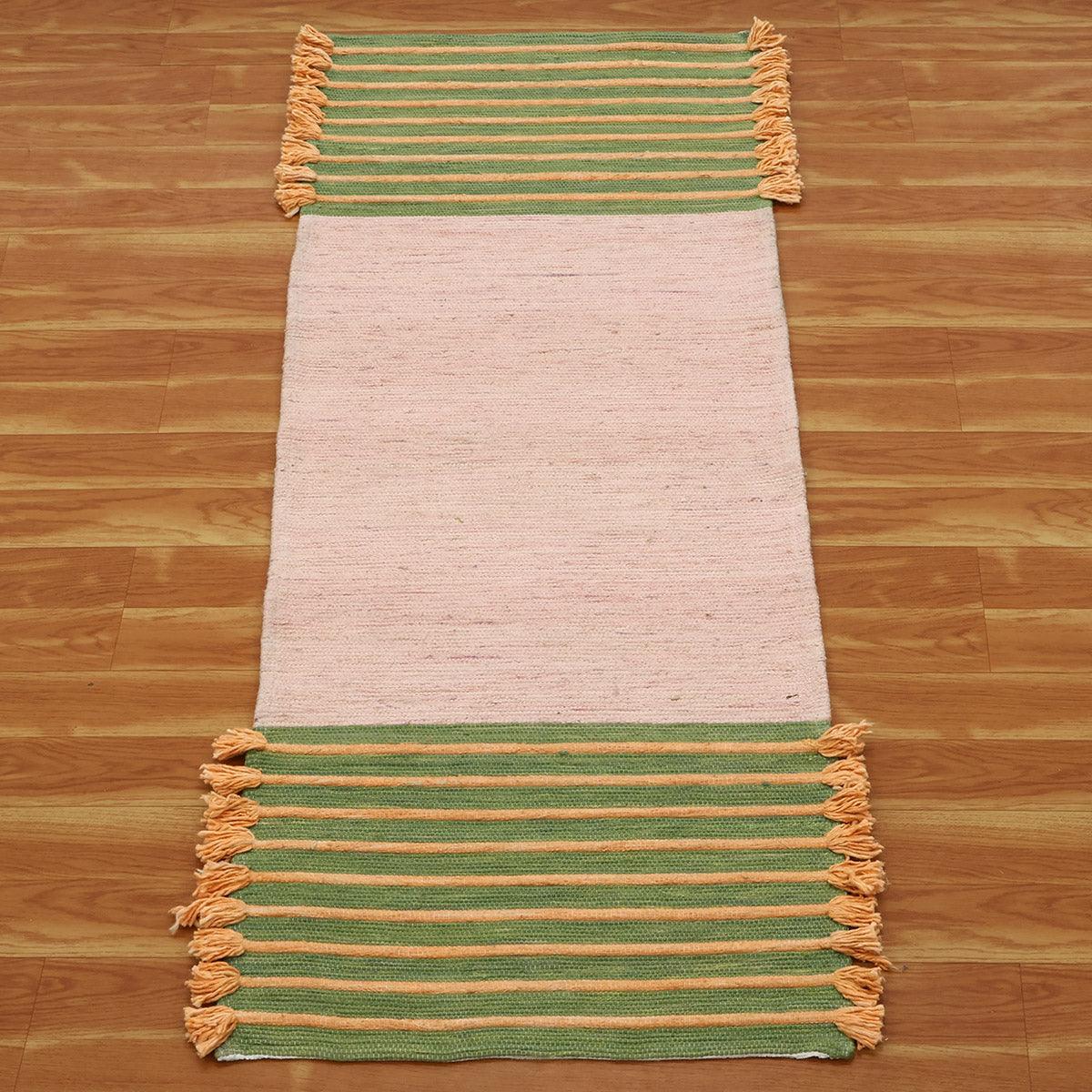 Green Peach Pink Hand Woven Bed Room Geometric Cotton Rug - Indian Rug Store