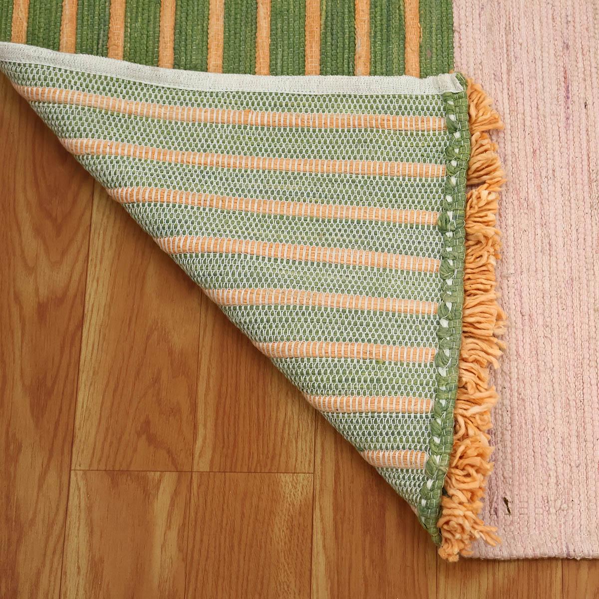 Green Peach Pink Hand Woven Bed Room Geometric Cotton Rug - Indian Rug Store