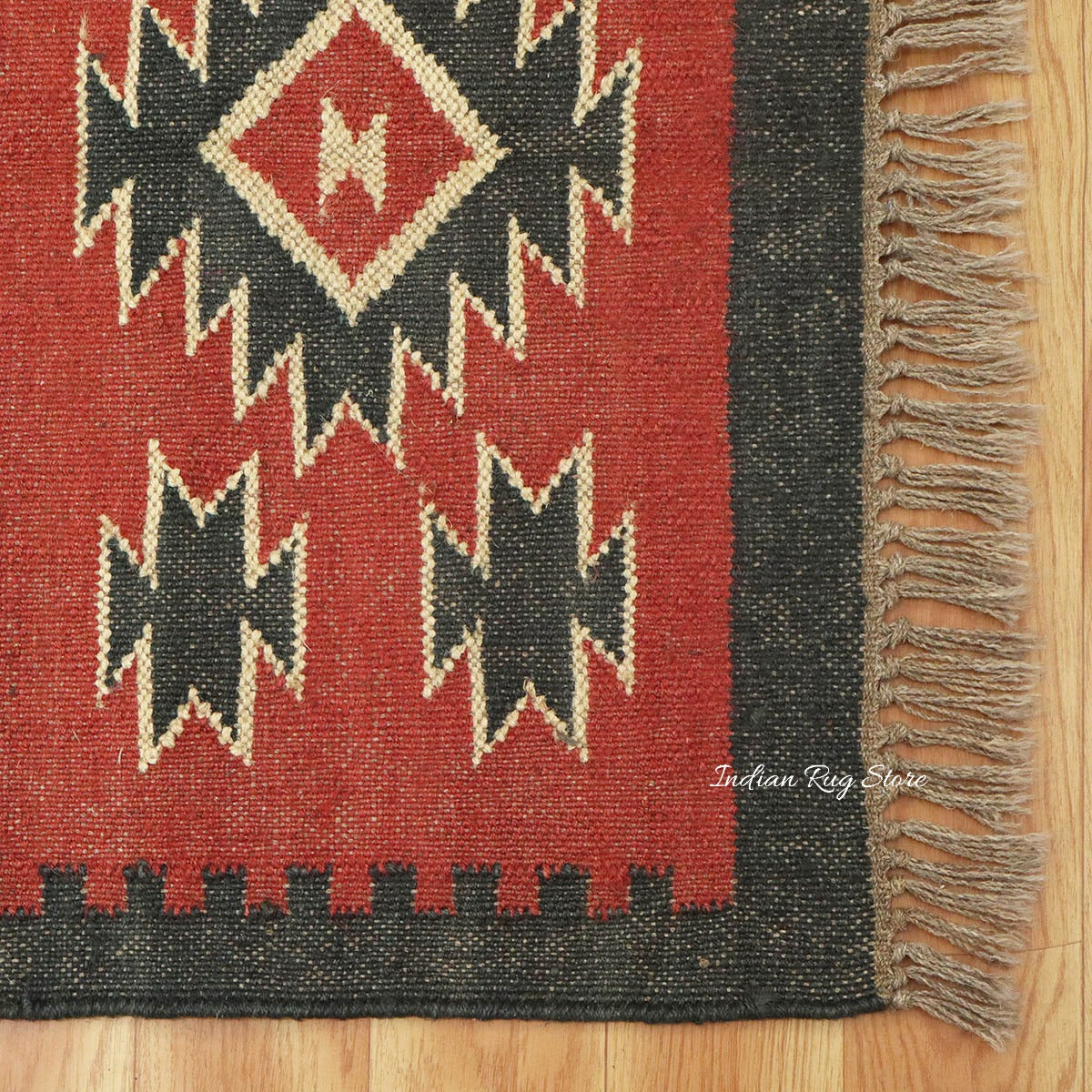 Hand Woven Geometric Red Black Rectangle Home Decor Wool Jute Rug