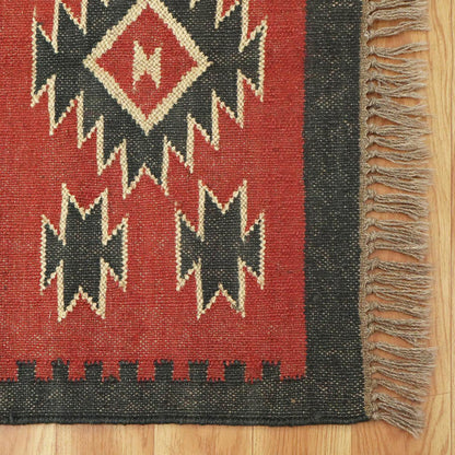 Hand Woven Geometric Red Black Rectangle Home Decor Wool Jute Rug - Indian Rug Store