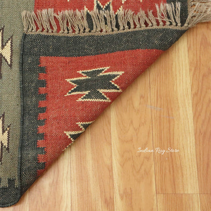 Hand Woven Geometric Red Black Rectangle Home Decor Wool Jute Rug