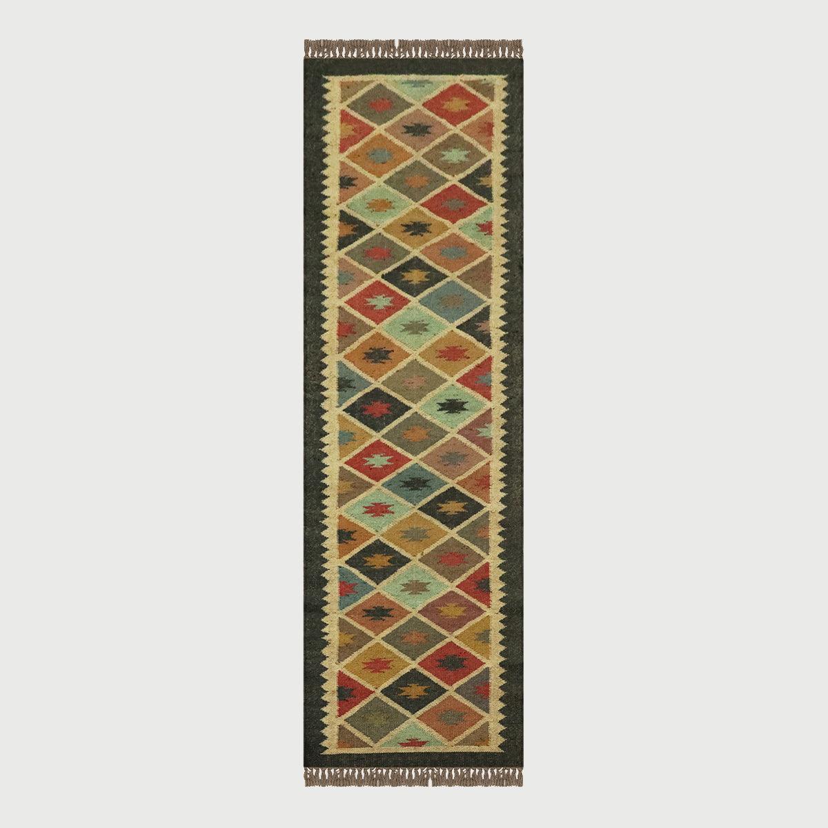 Indian Hand Woven Geometric Black Multicolor Bedroom Decor Wool Jute Rug - Indian Rug Store