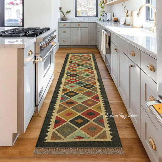 Tappeto di lana e juta per camera da letto, geometrico, multicolore, tessuto a mano indiano Tappeto di lana e juta per camera da letto, geometrico, multicolore, tessuto a mano indiano