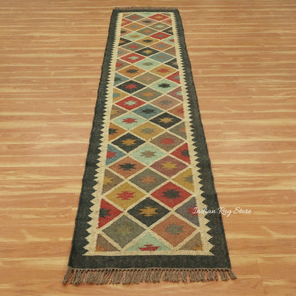 Indian Hand Woven Geometric Black Multicolor Bedroom Decor Wool Jute Rug