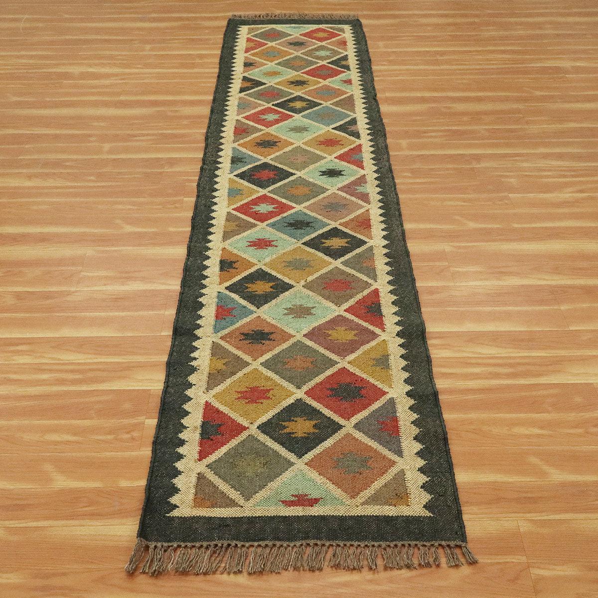 Indian Hand Woven Geometric Black Multicolor Bedroom Decor Wool Jute Rug - Indian Rug Store