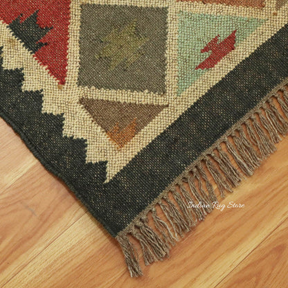 Indian Hand Woven Geometric Black Multicolor Bedroom Decor Wool Jute Rug