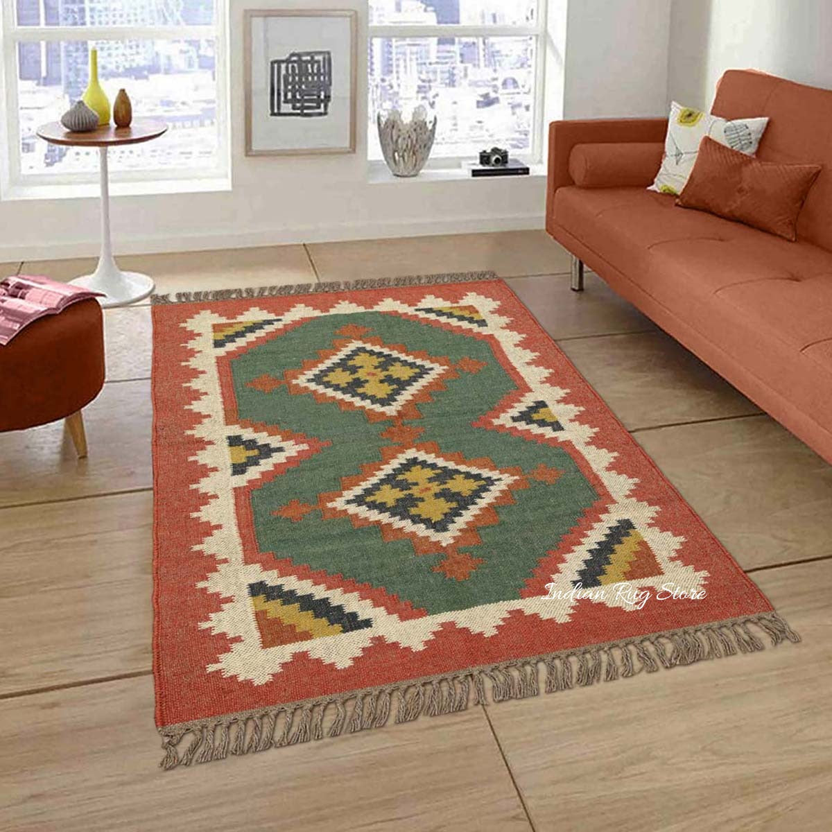 Indian Hand Woven Multicolor Bordered Wool Dining Area Rug