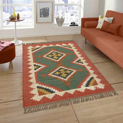 Indian Hand Woven Multicolor Bordered Wool Dining Area Rug