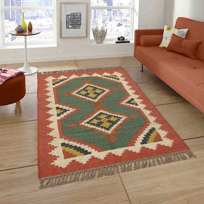 Indian Hand Woven Multicolor Bordered Wool Dining Area Rug - Indian Rug Store