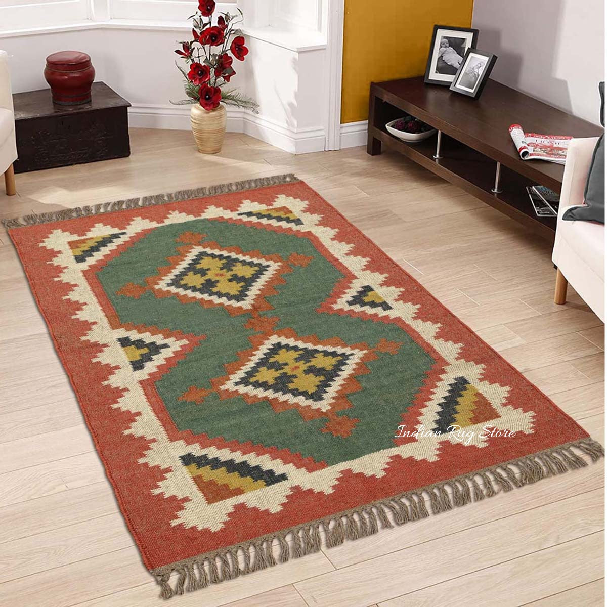 Indian Hand Woven Multicolor Bordered Wool Dining Area Rug