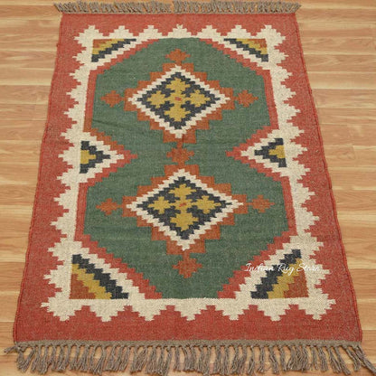 Indian Hand Woven Multicolor Bordered Wool Dining Area Rug