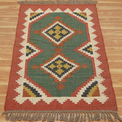 Indian Hand Woven Multicolor Bordered Wool Dining Area Rug - Indian Rug Store