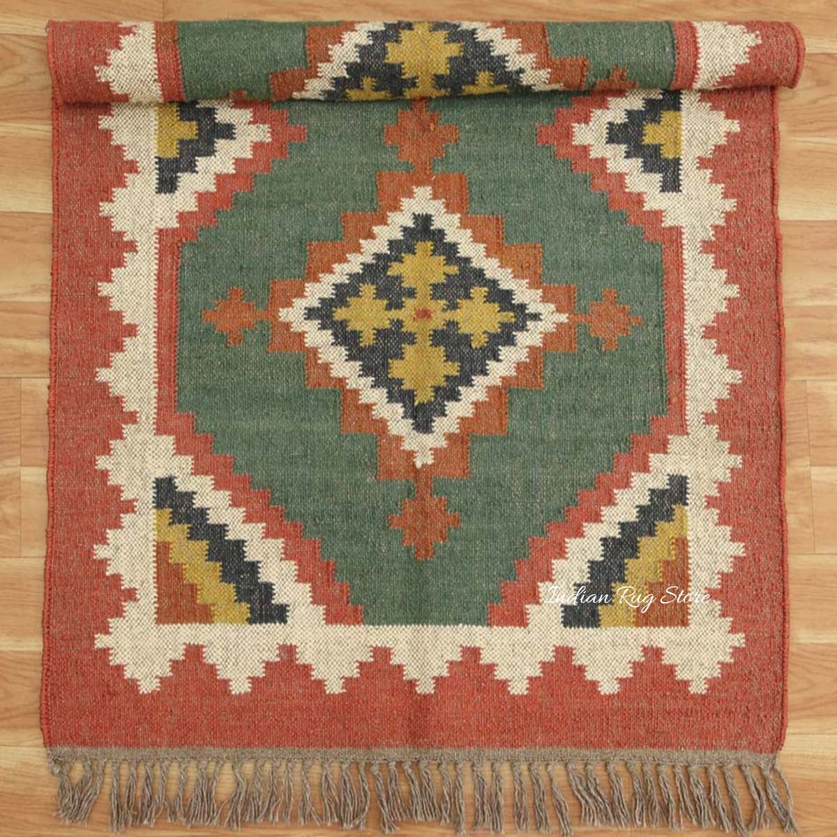 Indian Hand Woven Multicolor Bordered Wool Dining Area Rug