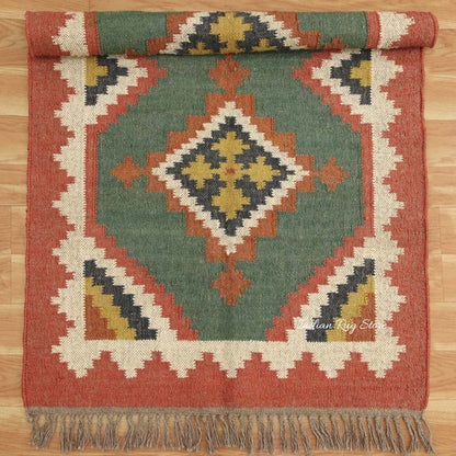 Indian Hand Woven Multicolor Bordered Wool Dining Area Rug