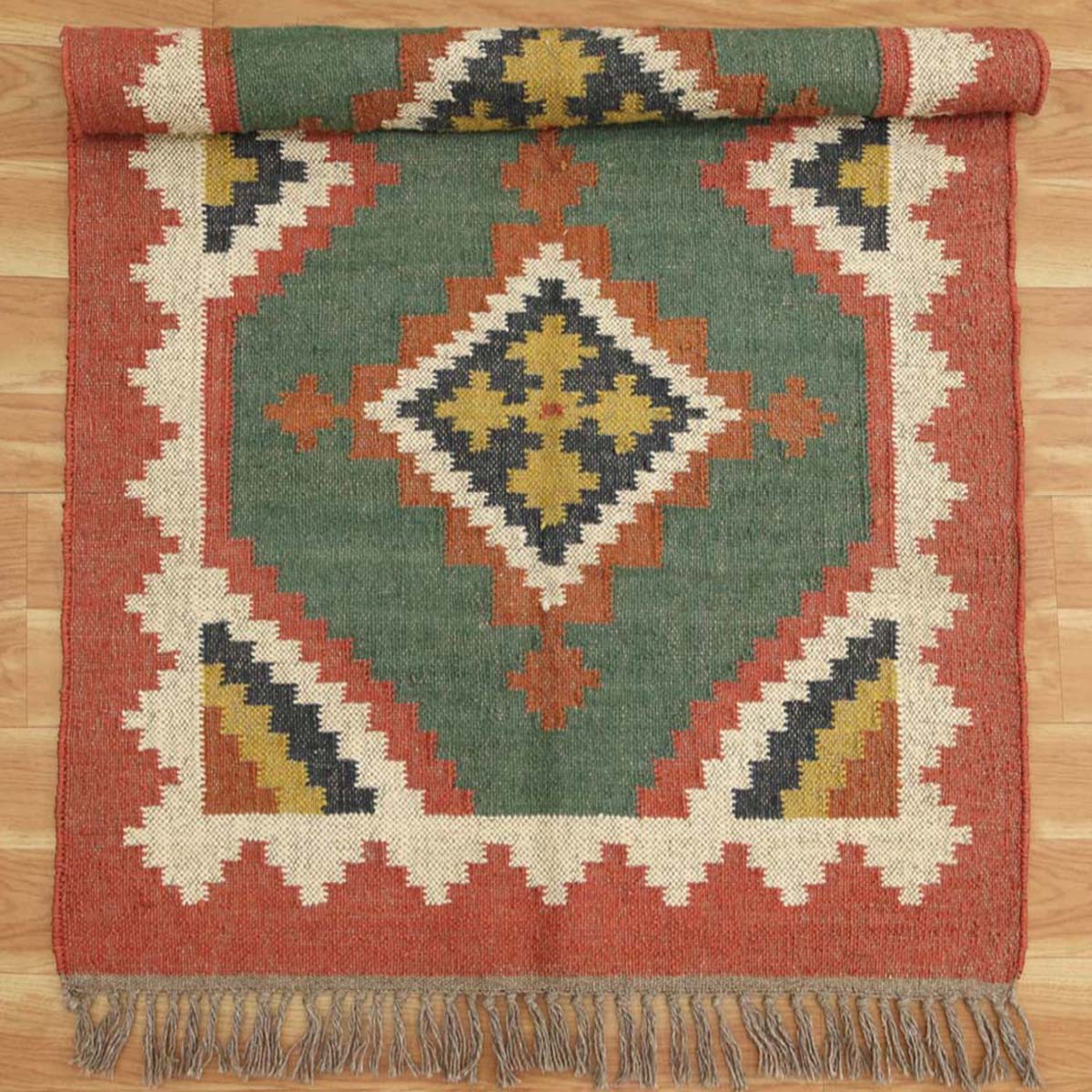 Indian Hand Woven Multicolor Bordered Wool Dining Area Rug - Indian Rug Store