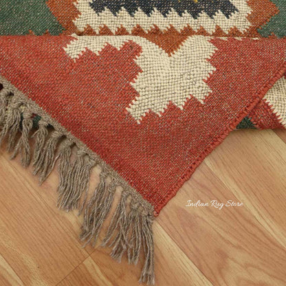 Indian Hand Woven Multicolor Bordered Wool Dining Area Rug