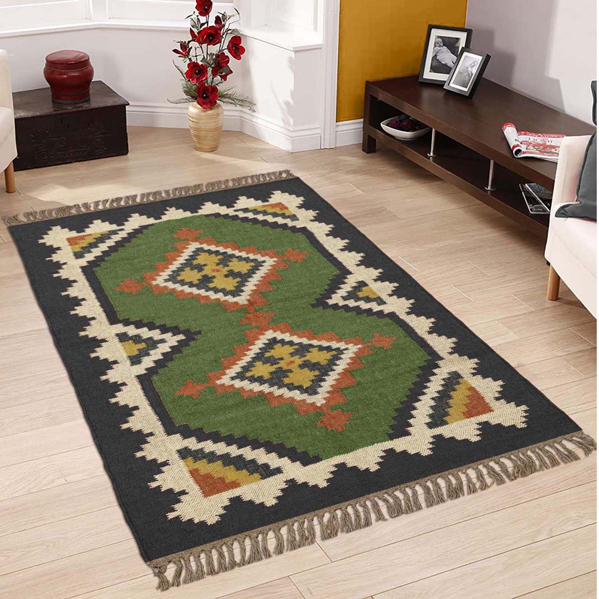 Hand Woven Bordered Multicolor Living Room Area Rug - Indian Rug Store