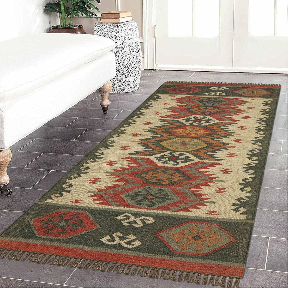 Hand Woven Indian Geometric Red Dark Gray Home Decor Wool Jute Rug - Indian Rug Store