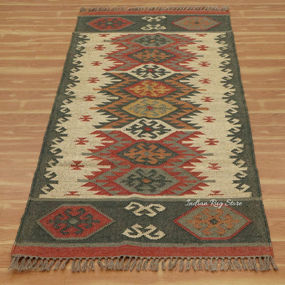 Hand Woven Indian Geometric Red Dark Gray Home Decor Wool Jute Rug