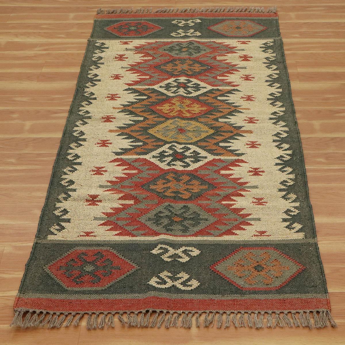 Hand Woven Indian Geometric Red Dark Gray Home Decor Wool Jute Rug - Indian Rug Store