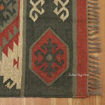 Alfombra de yute tejida a mano con motivos geométricos indios en color rojo y gris oscuro para decoración del hogar