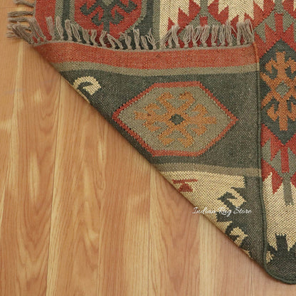 Alfombra de yute tejida a mano con motivos geométricos indios en color rojo y gris oscuro para decoración del hogar