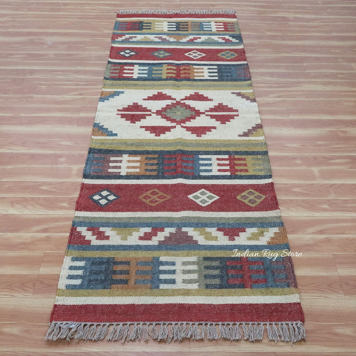 Geometric Indian Hand Woven Red Multicolor Farm House Decor Wool Jute Rug