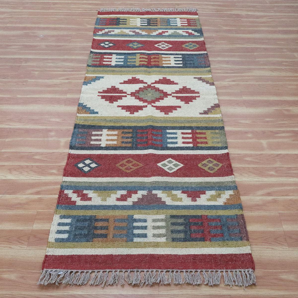 Geometric Indian Hand Woven Red Multicolor Farm House Decor Wool Jute Rug - Indian Rug Store