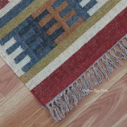 Geometric Indian Hand Woven Red Multicolor Farm House Decor Wool Jute Rug