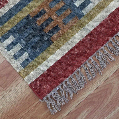 Geometric Indian Hand Woven Red Multicolor Farm House Decor Wool Jute Rug - Indian Rug Store