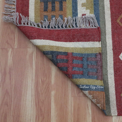 Geometric Indian Hand Woven Red Multicolor Farm House Decor Wool Jute Rug