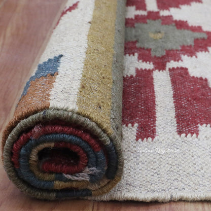 Geometric Indian Hand Woven Red Multicolor Farm House Decor Wool Jute Rug