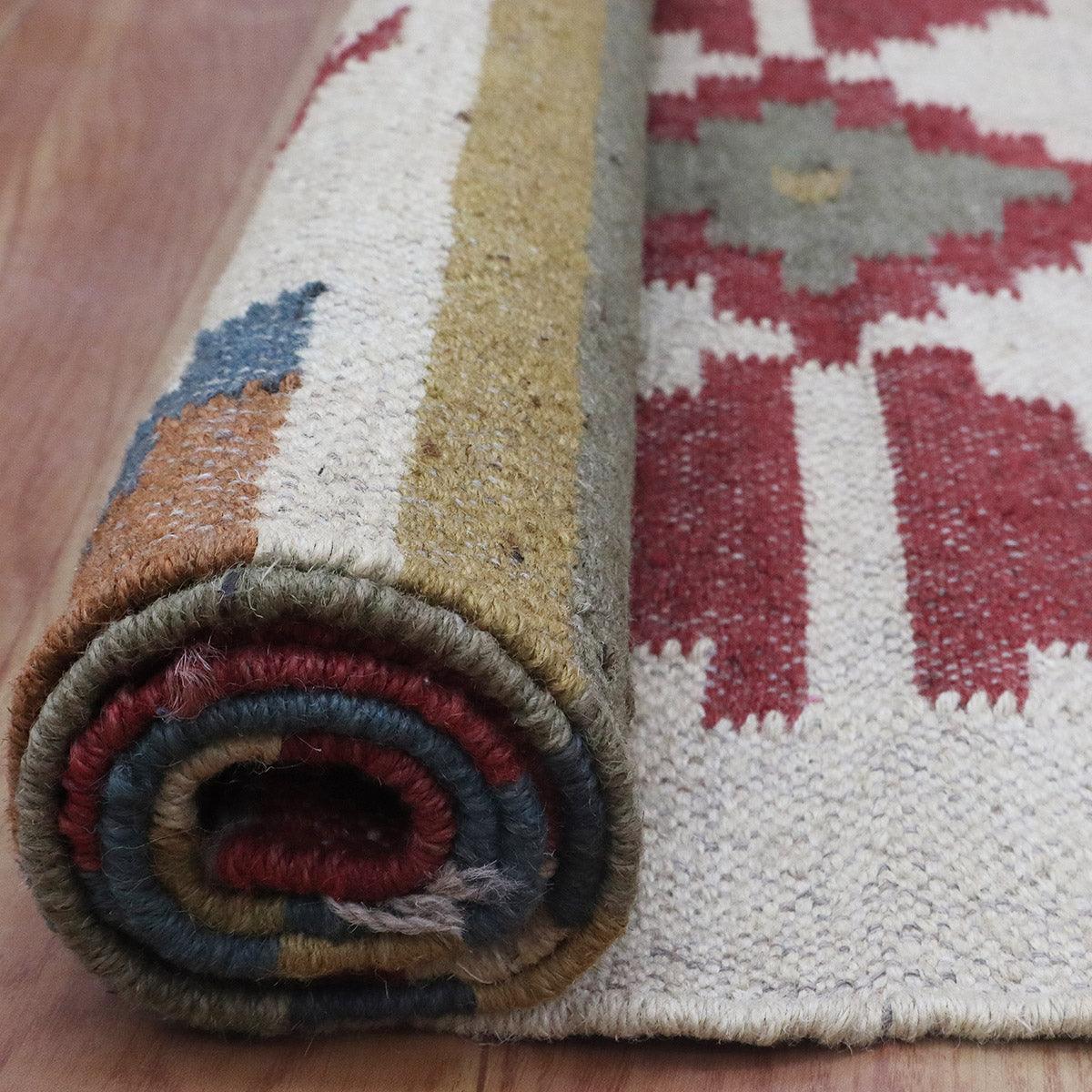 Geometric Indian Hand Woven Red Multicolor Farm House Decor Wool Jute Rug - Indian Rug Store