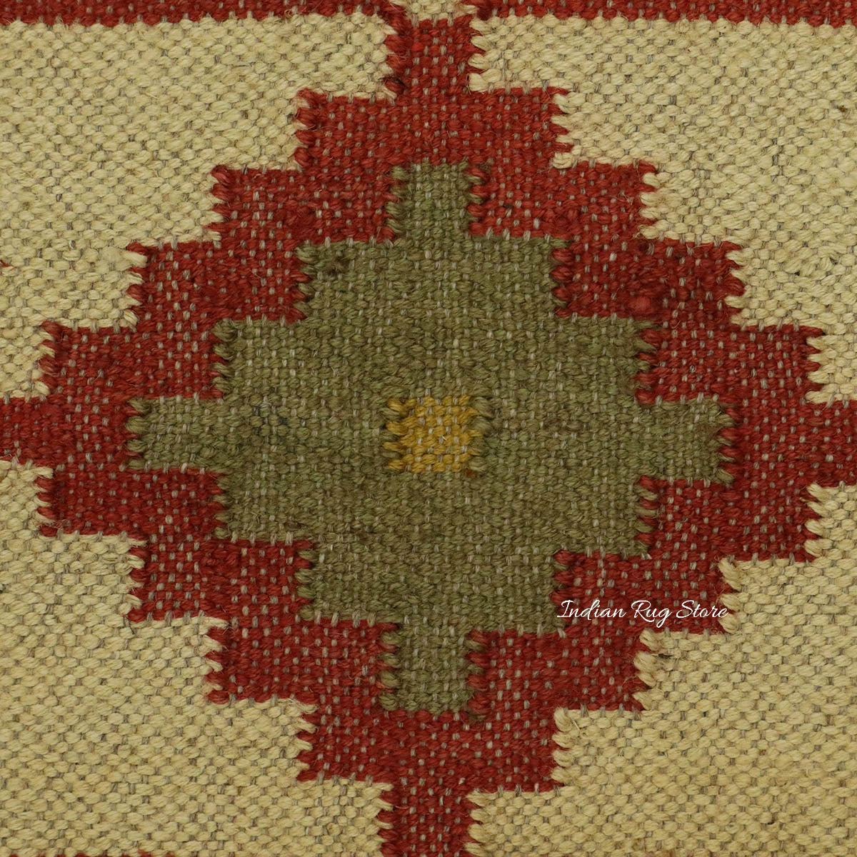 Geometric Indian Hand Woven Red Multicolor Farm House Decor Wool Jute Rug