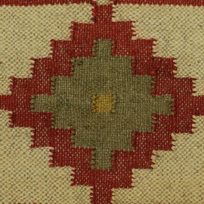 Geometric Indian Hand Woven Red Multicolor Farm House Decor Wool Jute Rug - Indian Rug Store