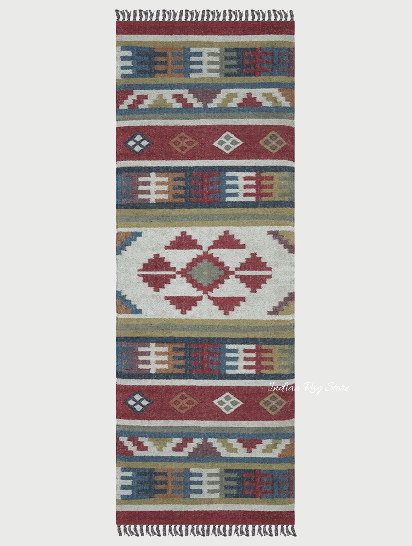 Geometric Indian Hand Woven Red Multicolor Farm House Decor Wool Jute Rug