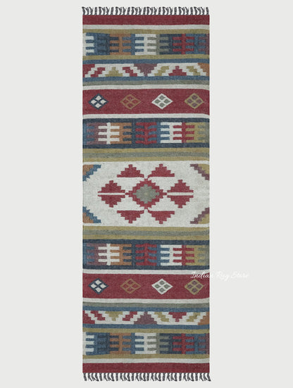 Geometric Indian Hand Woven Red Multicolor Farm House Decor Wool Jute Rug