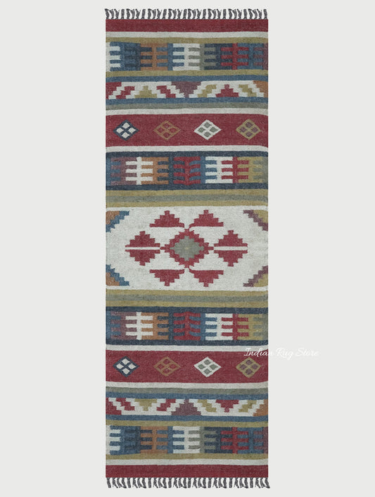 Geometric Indian Hand Woven Red Multicolor Farm House Decor Wool Jute Rug