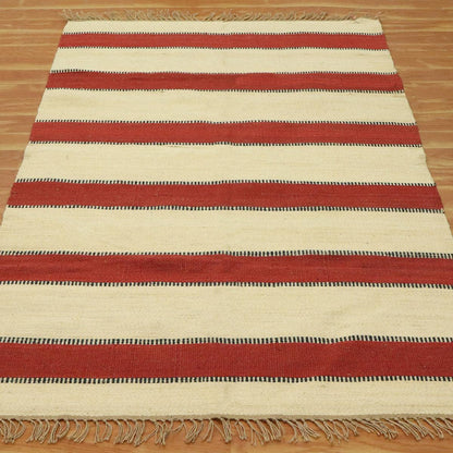 Beige Maroon Hand Woven Geometric Interior Decor Wool Jute Rug - Indian Rug Store